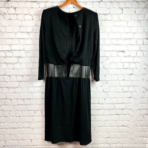 Vintage 80s Samuel Blue Jersey Wool Dress Leather Trimmed Waist Made in USA - Picture 9 of 12